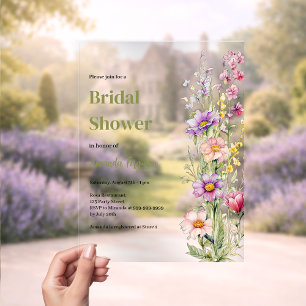 Floral pink purple clear Bridal Shower Acrylic Invitations