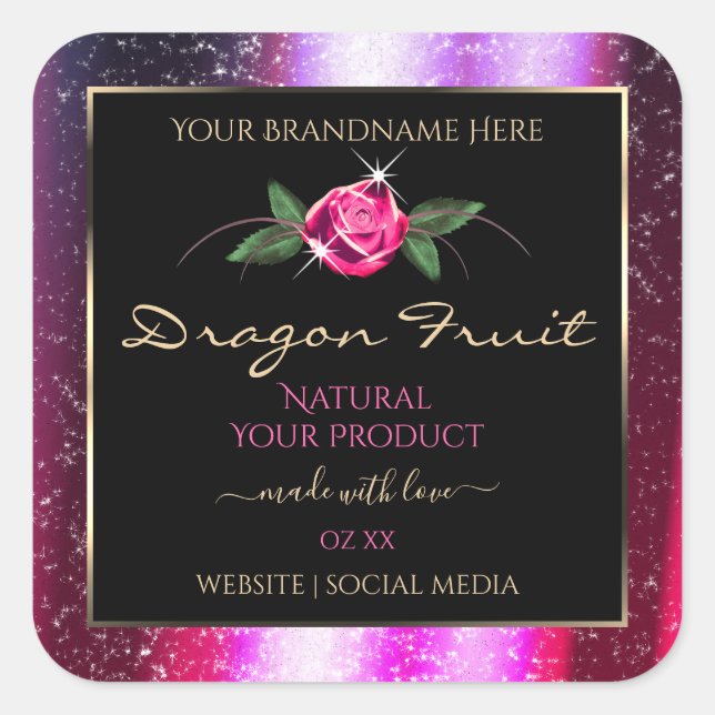Floral Pink Purple Glitter Black Product Labels (Front)
