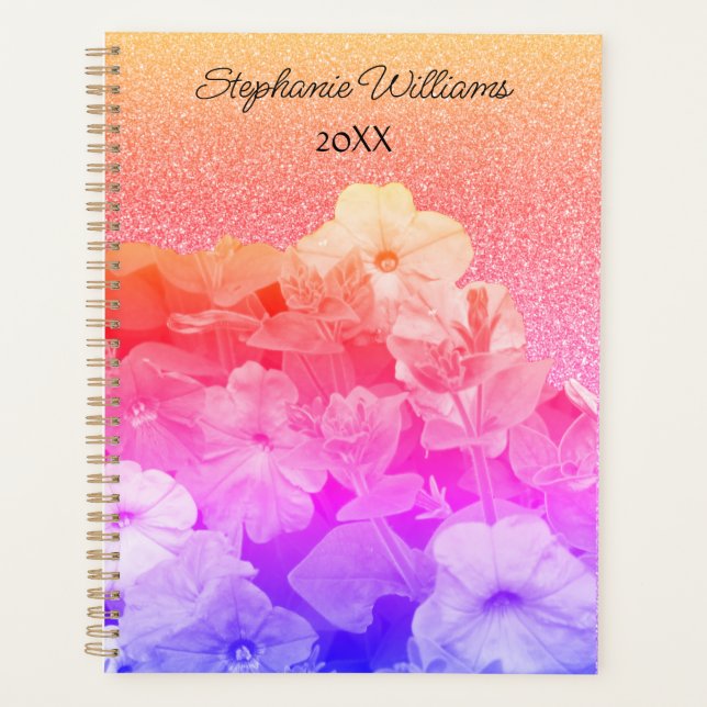 Floral Pink Purple Glittery Custom Name Gift Favou Planner (Front)