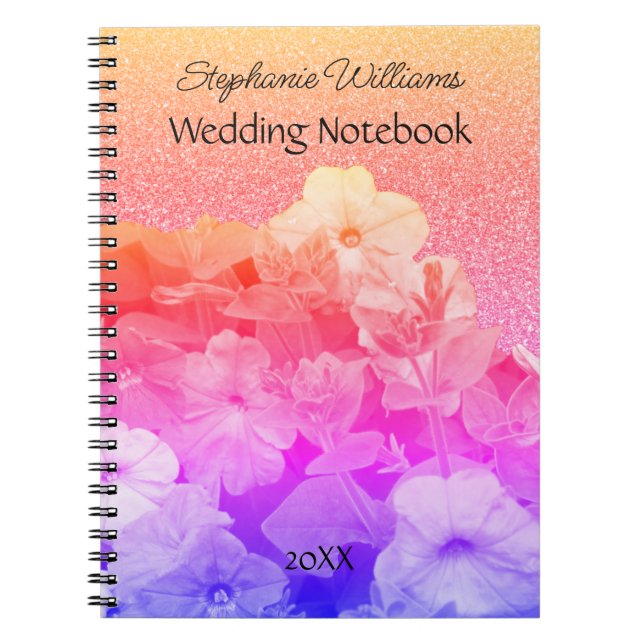 Floral Pink Purple Glittery Custom Name Wedding Notebook (Front)