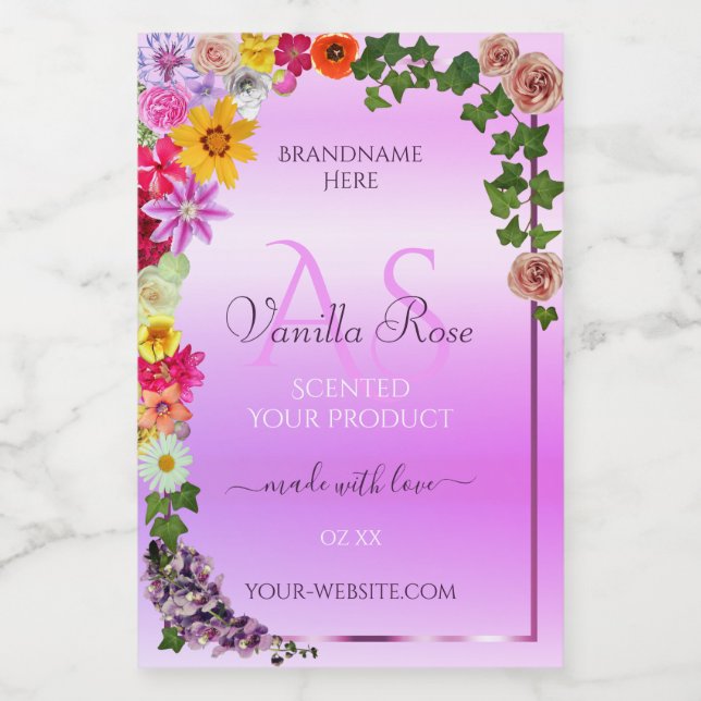 Floral Pink Purple Gradient Product Label Monogram (Single Label)