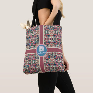 Floral Pink Purple Red Blue Plaid Monogrammed  Tote Bag