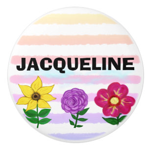 Floral Pink Purple Watercolor Stripes NAME Ceramic Knob