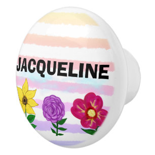 Floral Pink Purple Watercolor Stripes NAME Ceramic Knob