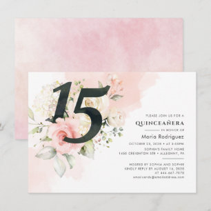 Floral Pink Quinceanera 15th Birthday Watercolor Invitation
