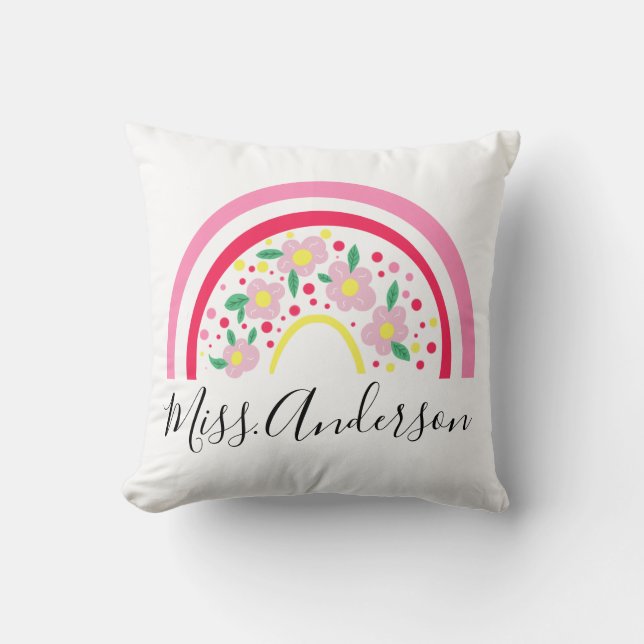 Floral Pink Rainbow Personalised Teacher Gift  Cushion (Front)