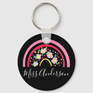 Floral Pink Rainbow Personalised Teacher Gift  Key Key Ring