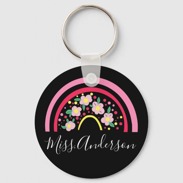 Floral Pink Rainbow Personalised Teacher Gift  Key Key Ring (Front)
