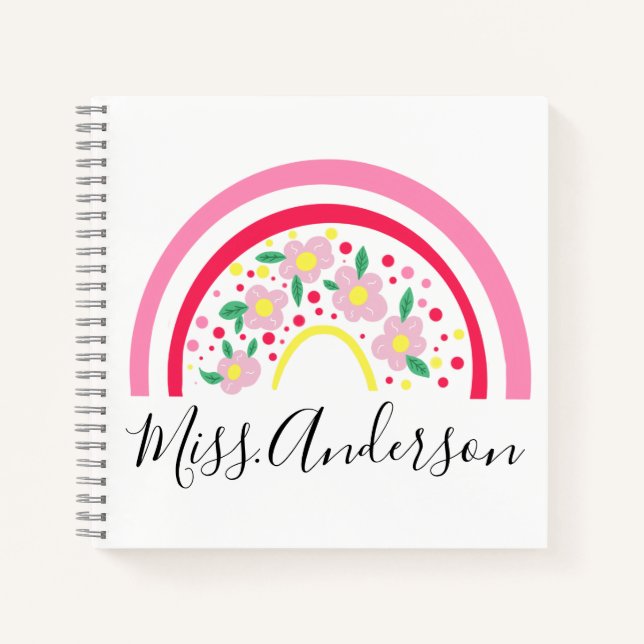 Floral Pink Rainbow Personalised Teacher Gift   Notebook (Front)
