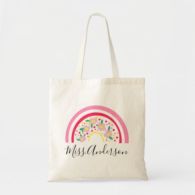 Floral Pink Rainbow Personalised Teacher Gift Tote Bag (Front)