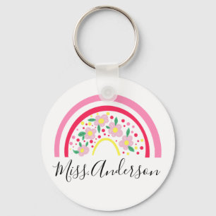 Floral Pink Rainbow Personalized Teacher Gift Key Ring
