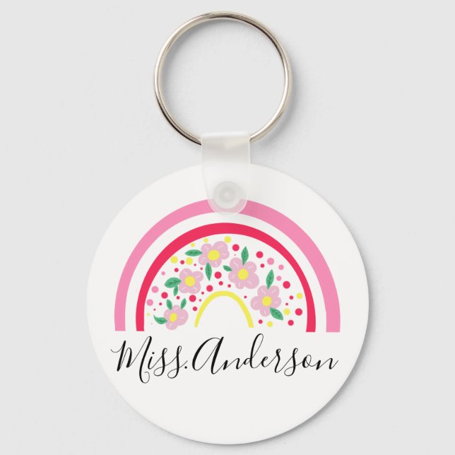 Floral Pink Rainbow Personalized Teacher Gift  Key Ring (Front)