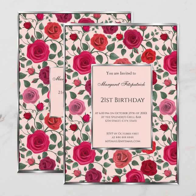 Floral pink red flowers 21st Birthday  Invitation (Front/Back)