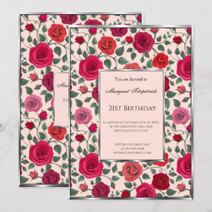 Floral pink red flowers 21st Birthday  Invitation