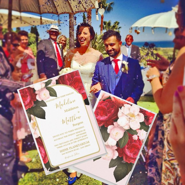 Floral Pink Red Gold Elegant  Wedding Invitation (Creator Uploaded)