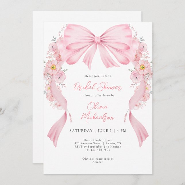Floral Pink Ribbon Arch Bow Coquette Bridal Shower Invitation (Front/Back)