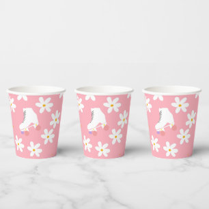 Floral Pink Roller Skates Roller Skating Birthday Paper Cups