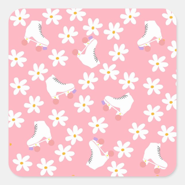 Floral Pink Roller Skates Roller Skating Birthday Square Sticker (Front)