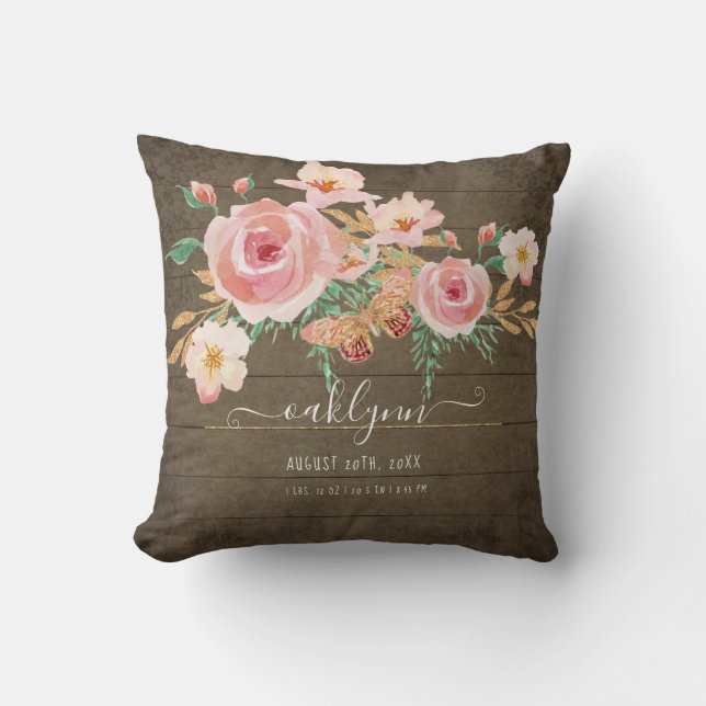 Floral Pink Rose Baby Girl Birth Stats Rustic Wood Cushion (Front)