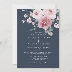 Floral Pink Rose Burgundy Dark Blue Invitation
