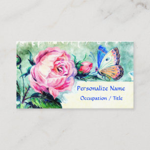 Floral Pink Rose Butterfly Watercolor Business Card