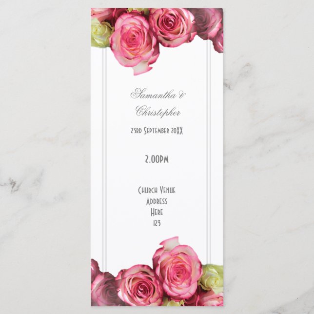 Floral pink rose church wedding program programme (Front)