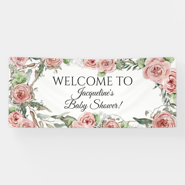 Floral Pink Rose Flowers BOHO Oh Baby Girl Shower Banner (Horizontal)