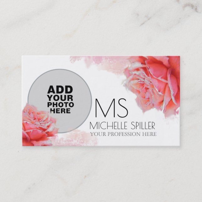 floral pink rose for elegant women, photo business card (Front)