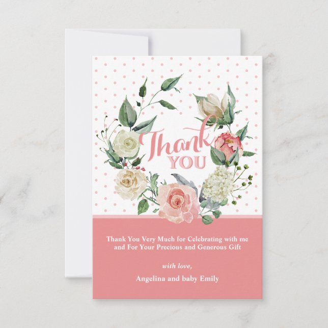 Floral Pink Rose Girl Baby Shower Birthday Thank You Card (Front)
