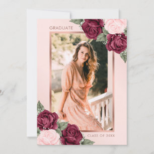 Floral Pink Rose Gold Burgundy Photo Graduation Announcement