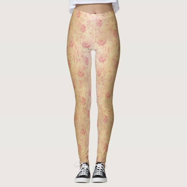Floral Pink Rose Gold Shimmer Leggings (Front)