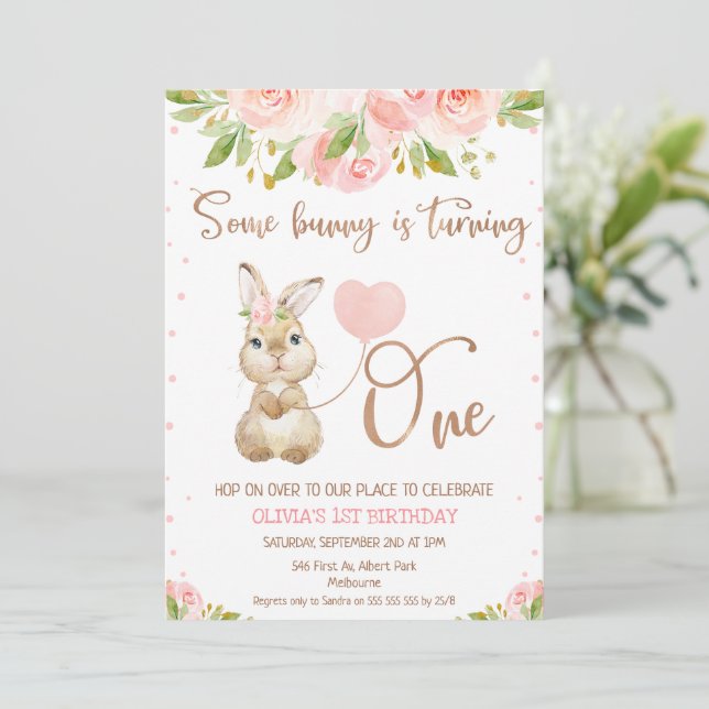 Floral Pink Rose Gold Some Bunny 1st Birthday Invitation (Standing Front)