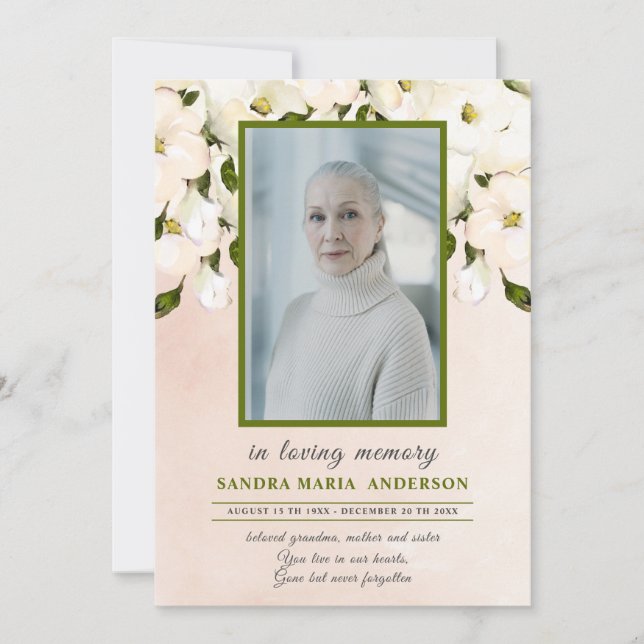 Floral Pink Rose Photo Funeral Memorial Program Thank You Card (Front)