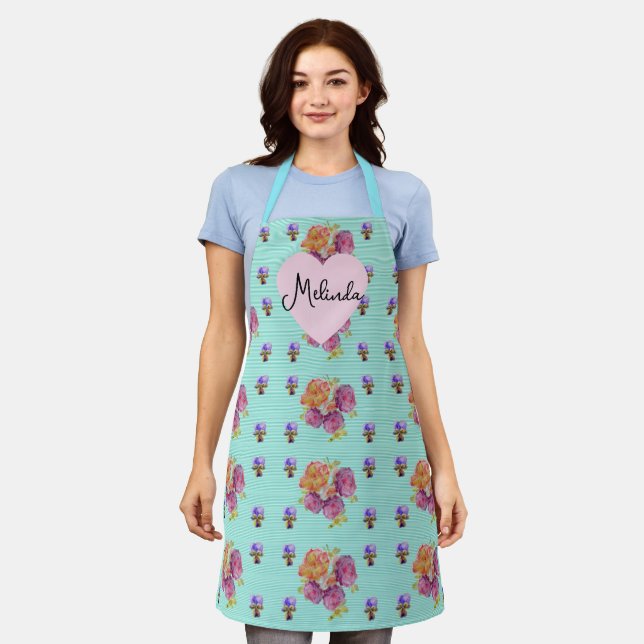 Floral Pink Rose Roses Pattern Aqua Womans Name Apron (Worn)