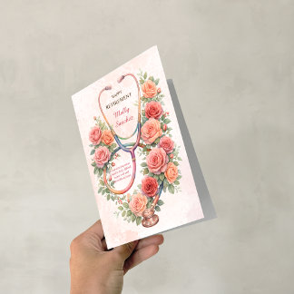 Floral Pink Rose Stethoscope Happy Retirement Card