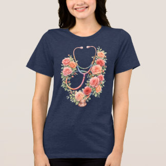 Floral Pink Rose Stethoscope Tri-Blend Shirt