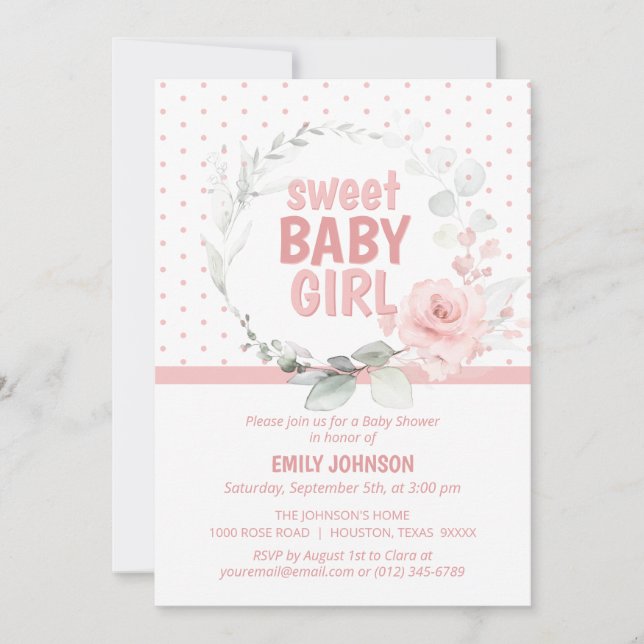 Floral Pink Rose Sweet Baby Girl Baby Shower Invitation (Front)