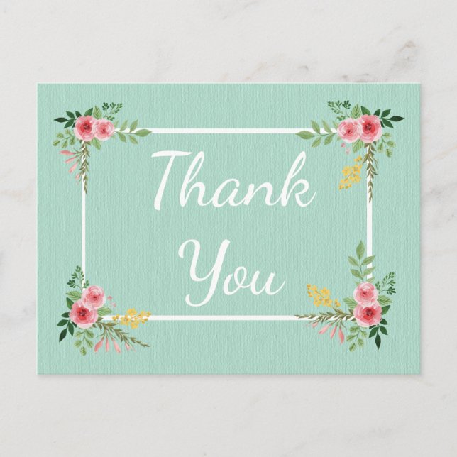 Floral Pink Rose Thank You Flower Mint Wedding Postcard (Front)