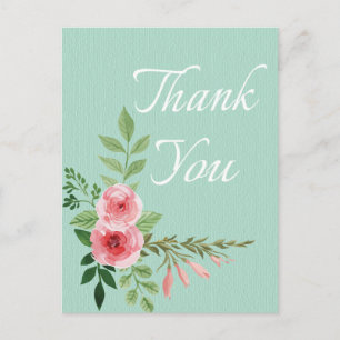 Floral Pink Rose Thank You Flower Mint Wedding Postcard