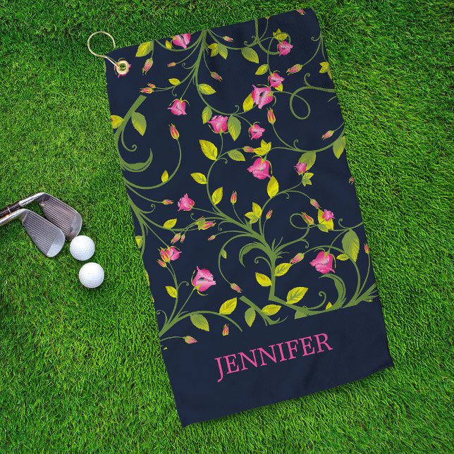 Floral Pink Rose Vine Navy Elegant Personalised Golf Towel (Creator Uploaded)
