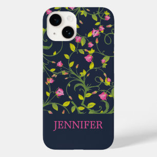 FLORAL PINK ROSE VINE NAVY PERSONALIZED Case-Mate iPhone 14 CASE