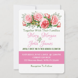 Floral Pink Rose, White & Green Wedding Invitatio Invitation