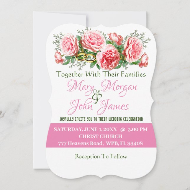 Floral Pink Rose, White & Green Wedding Invitation (Front)