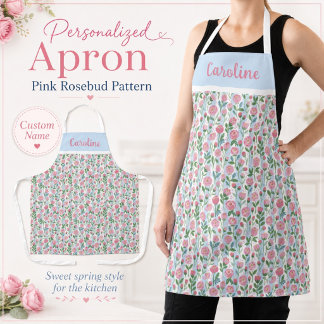 Floral Pink Rosebud Blue Stripe Name Feminine Apron