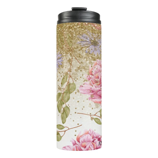 *~* Floral Pink Roses Blue Daisy Gold Glitter Thermal Tumbler (Front)