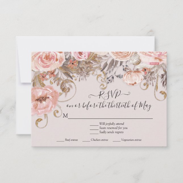 Floral Pink Roses Boho Earth Tone RSVP Response (Front)