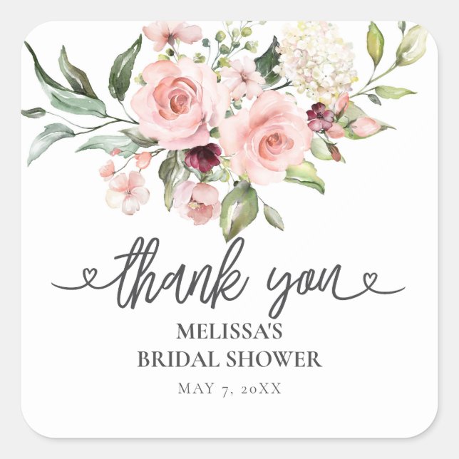 Floral Pink Roses Bridal Shower Square Sticker (Front)