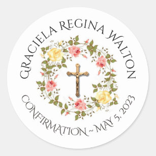 Floral Pink Roses Crucifix  Confirmation Classic Round Sticker