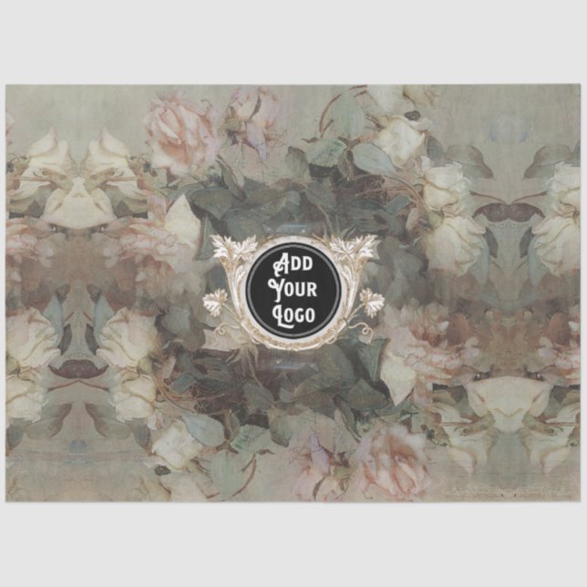 Floral Pink Roses Impressionism Gold Logo Business Tissue Paper (Front)