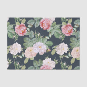 Floral Pink Roses Leaves Butterflies Dark Grey Tissue Paper